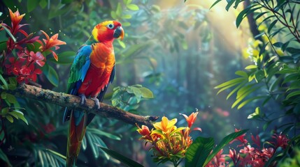 Colorful tropical bird perched on a branch, surrounded by dense rainforest foliage and vibrant flowers, with sunlight illuminating its vibrant feathers 