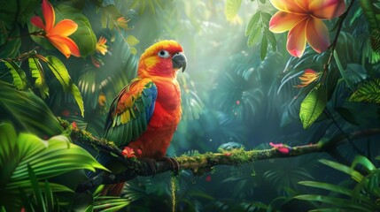 Colorful tropical bird perched on a branch, surrounded by dense rainforest foliage and vibrant flowers, with sunlight illuminating its vibrant feathers 