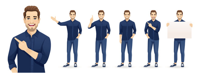 Set of young handsome man poses wearing blue shirt and jeans with different gestures showing something. Isolated vector illustration