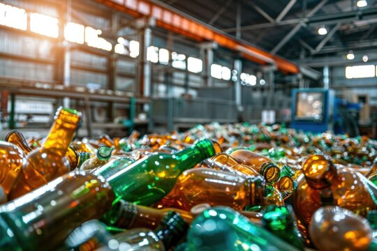 Industrial recycling facility filled with piles of glass bottles in various colors illuminated by natural light from the roof.