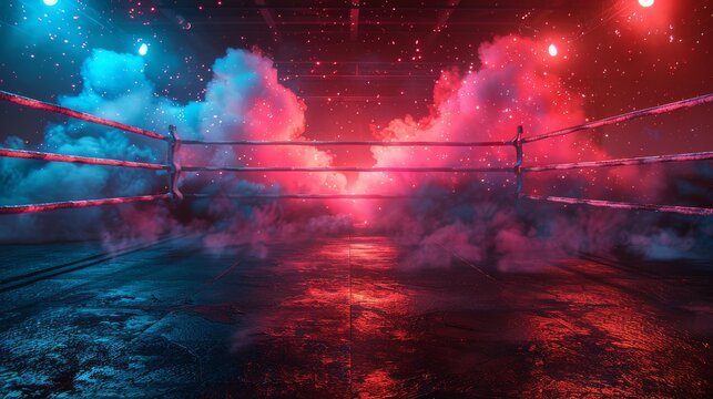 A dynamic scene of a boxing ring surrounded by striking clouds of colorful smoke and vibrant lighting