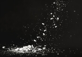 Obraz premium white powder falling on black background, broken white pill on the ground, aerial view