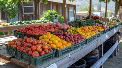 A vibrant display of colorful, fresh fruits and vegetables at a local farmers market.