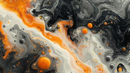 This image showcases an abstract fluid art pattern with vibrant orange and black color...