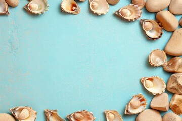 Obraz premium the serene bay is dotted with fishing boats; and the pebbled beach in front has colorful shells on it, background,