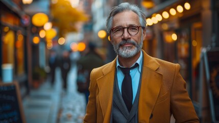 A smiling man with glasses and a mustard-colored coat on a city street at twilight
