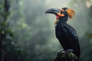 Fototapeta premium A close-up image of a black bird with a distinctive yellow beak perched on a tree branch