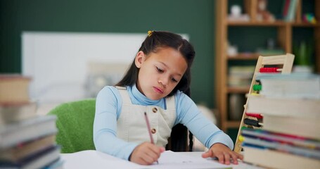 Girl, homework and writing at desk, books and abacus for studying in home. Bedroom, learning and academic for development for young student person, notes and workbook with pen for assignment notebook