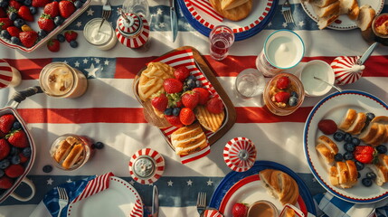Patriotic table setting with red, white, and blue decorations and a delicious spread of food, Independence Day