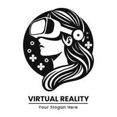 Modern woman with flowing hair and VR goggles, representing immersive virtual experiences