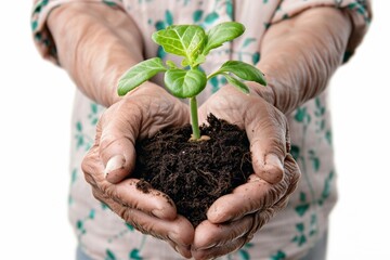 Plant in hands, young sprout, new plant growing in soil, organic farming, environment care, earth day