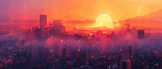 Fototapeta premium A vibrant sunset casts an orange glow over a city skyline with hazy atmosphere.