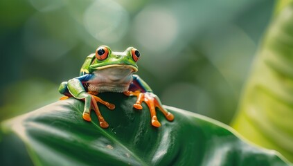Naklejka premium A green frog with red eyes sits on a leaf. Generate AI image