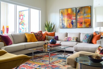 A well-appointed living room with a sectional sofa, colorful throw pillows, and a glass coffee table