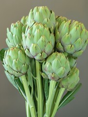 Fototapeta premium Close-up of fresh green artichokes on a grey background. Vegetable and culinary concept.