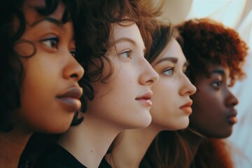 Obraz premium Multiethnic group of happy joyful women portraits in profile,