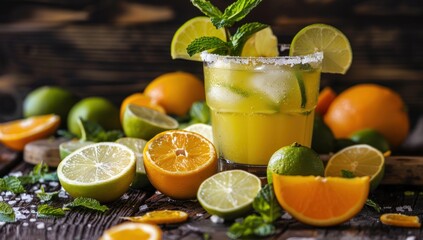 Fototapeta premium A glass of orange juice with a lime slice in it is on a wooden table with severa. Generate AI image
