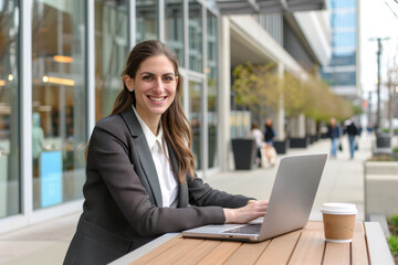 Fototapeta premium A smiling businesswoman sits outside a city office building, working on her laptop with a cup of coffee beside her