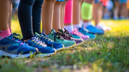 Close-up of children feet in colorful running shoes, lined up on a grassy field, ready for a race. - Powered by Adobe