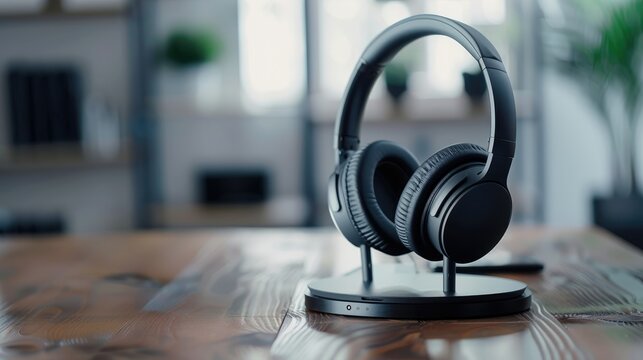 Close up shot of modern headphones on a mobile phone stand