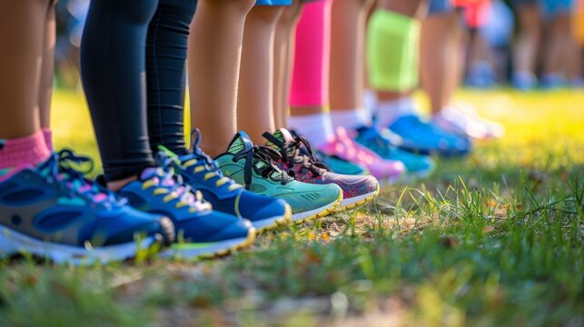 Close-up of children feet in colorful running shoes, lined up on a grassy field, ready for a race.