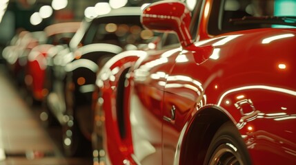 A row of red cars parked next to each other