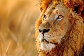 A close-up portrait of a majestic lion in its natural habitat, capturing its intense gaze and the...