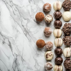 Obraz premium Chocolate truffles, sweets on marble background, scattered chocolates on natural white stone top view