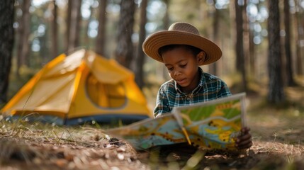 Obraz premium A young boy is sitting in the woods reading a book