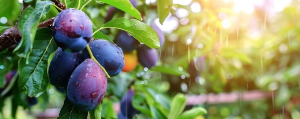 Fresh plums covered in morning dew, basking in the sunlight, representing the vibrant and healthy produce of nature's bounty, Generative AI