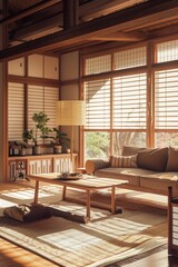 Fototapeta premium A warm and inviting living room filled with comfortable furniture and natural light from the windows