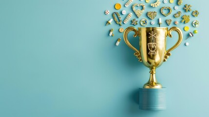 a golden trophy adorned with medical icons against a blue background, symbolizing success in medicine or scientific research, and a winner in business competition.