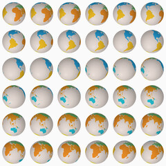 Collection of planet globes. Tilted sphere view. Rotation step 10 degrees. Colored continents style. World map with graticule lines on a light background. Admirable vector illustration.