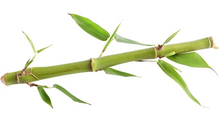 Thick-stemmed bamboo branch with leaves on white background