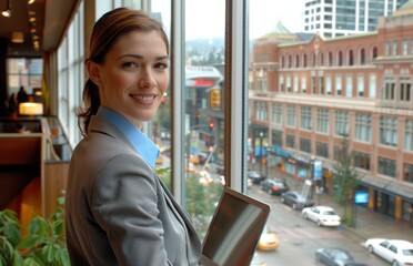 Fototapeta premium A smiling businesswoman works on her laptop while overlooking a bustling city street from a modern office building