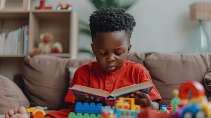A young boy is sitting on a couch reading a book. The room is filled with toys