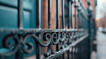 Obraz premium Wrought iron fencing around a house, highlighting intricate scrollwork and detailed patterns.