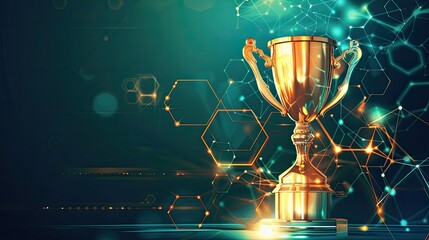 a golden trophy adorned with medical icons against a blue background, symbolizing success in medicine or scientific research, and a winner in business competition.