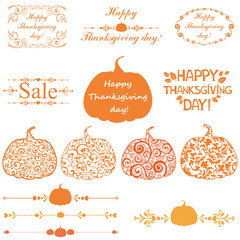 Happy thanksgiving day background. Collection of design elements vintage set isolated on White background. Vector illustration 