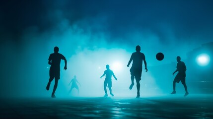 Silhouettes of players participating in a street football tournament under the glow of streetlights.