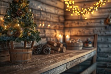 A Christmas tree sits atop a wooden table, festive and inviting