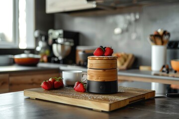 A fresh bunch of strawberries arranged on a wooden cutting board, ideal for photography, cooking, or food styling
