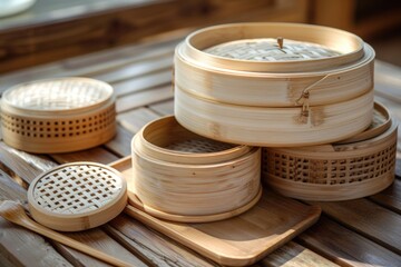 A stack of bamboo containers sitting on a wooden table