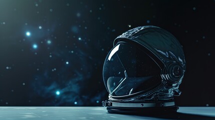 Astronaut helmet on space station table with room for text