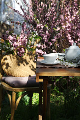 Beautiful spring flowers on table served for tea drinking in garden