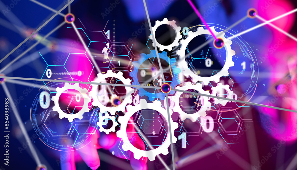 Poster Neural network 3D illustration. Big data and cybersecurity - 3d