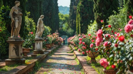 A stone path lined with statues and rose bushes leads through a verdant garden. The statues are dressed in classic robes, while the vibrant pink rose blossoms create a colorful contrast.