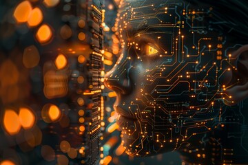 Abstract digital face with glowing circuit board elements, representing AI technology, innovation, and the future of artificial intelligence.