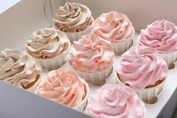 Many tasty cupcakes with colorful cream in box, closeup