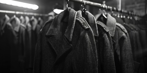 A collection of clothing items hanging on a rack